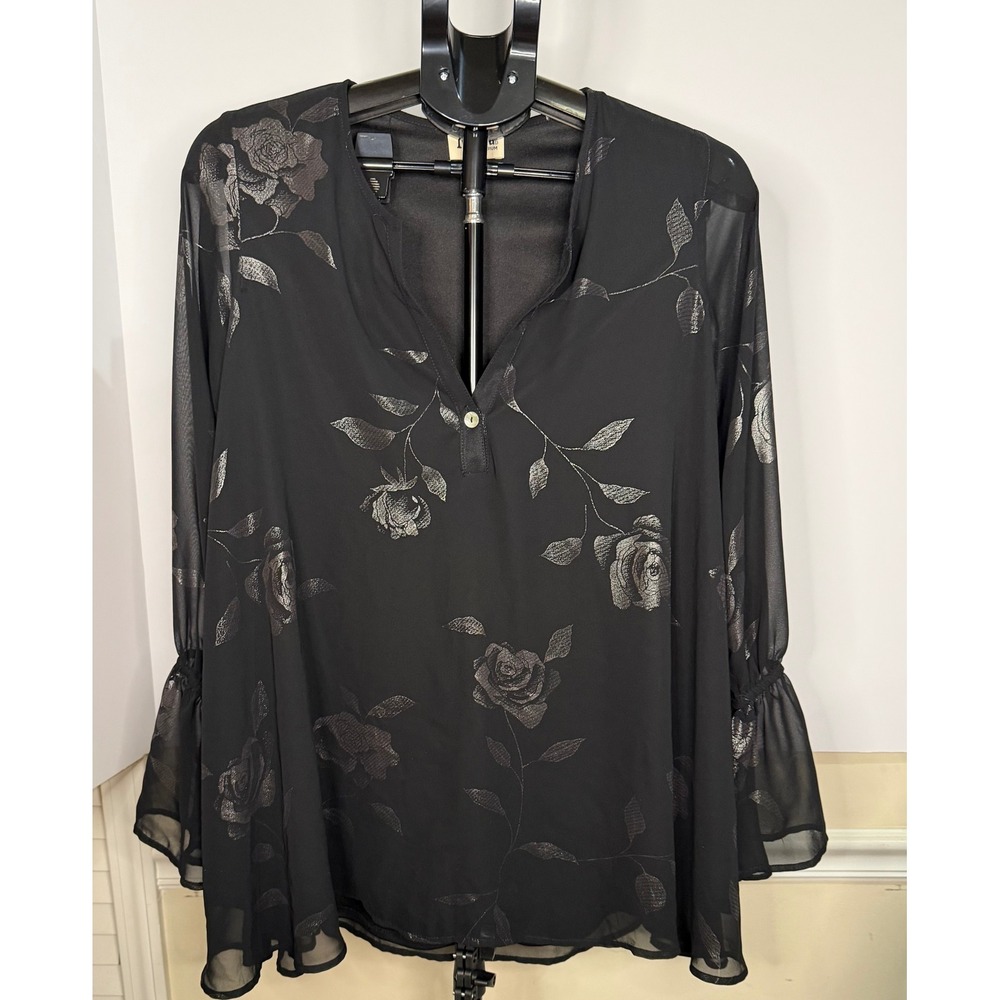 Show Me Your Mumu Black Silver Metallic Rose Chiffon Tunic Bell Sleeve Top M
